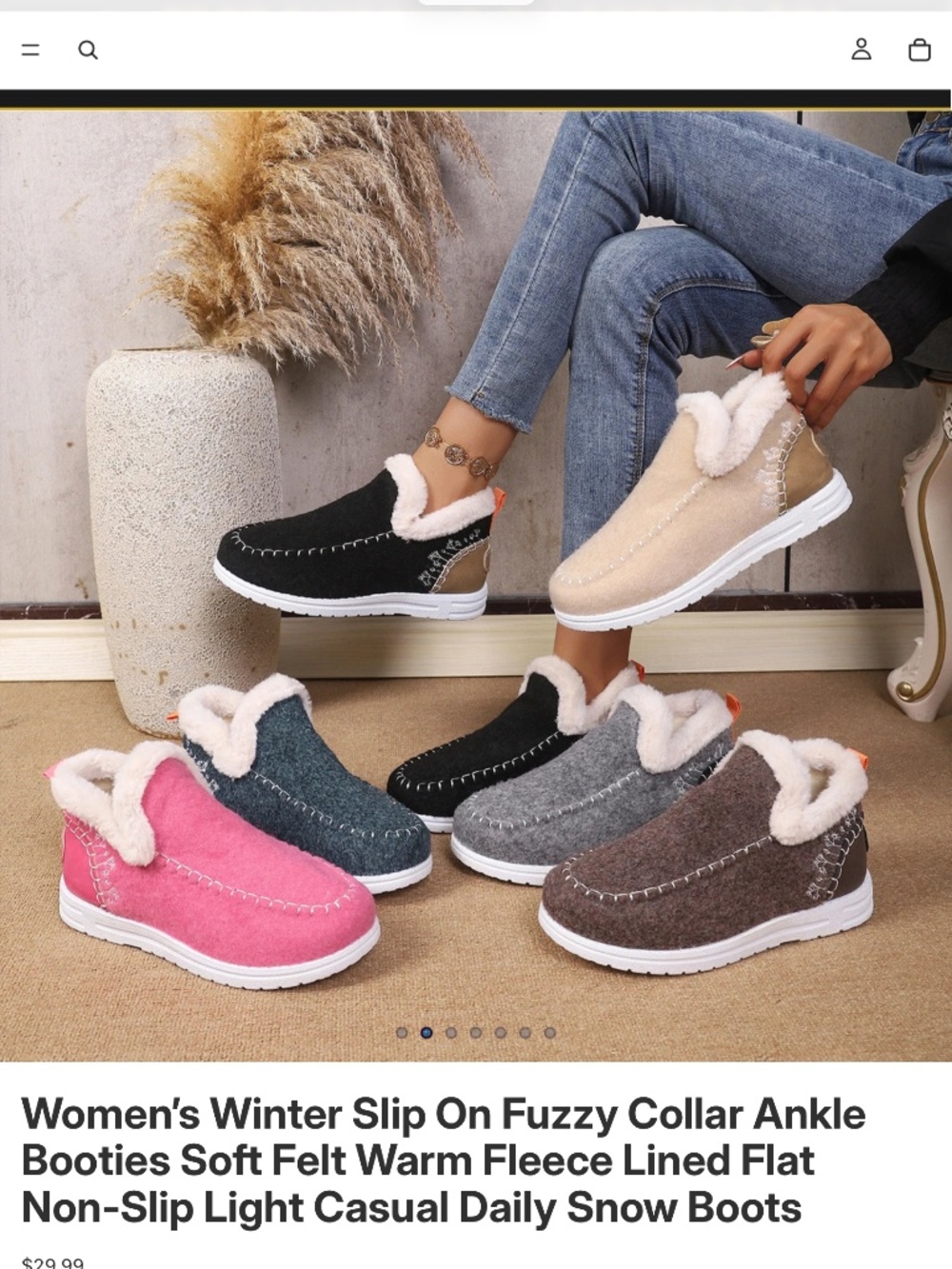 Women Winter Slip On Fuzzy Collar Ankle Booties Soft Felt Warm Fleece Lined